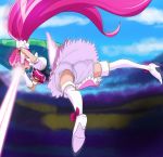  1girl aino_megumi bike_shorts blue_sky boots clouds cure_lovely day eye_beam full_body hair_ornament happinesscharge_precure! haruyama_kazunori heart heart_hair_ornament long_hair open_mouth pink_hair pink_skirt ponytail precure skirt sky thigh-highs thigh_boots very_long_hair white_footwear white_legwear wings 