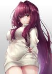  :o arms_behind_back breasts commentary_request fate/grand_order fate_(series) hair_intakes hane_yuki highres large_breasts long_hair looking_at_viewer purple_hair red_eyes ribbed_sweater scathach_(fate)_(all) scathach_(fate/grand_order) simple_background sweater turtleneck turtleneck_sweater very_long_hair 