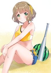 1girl bikini blue_shorts blush brown_hair collarbone eyebrows_visible_through_hair food fruit green_eyes hair_ribbon koukoku looking_at_viewer ribbon shiny shiny_hair short_hair short_shorts shorts side-tie_bikini simple_background sitting smile solo swimsuit tokyo_7th_sisters torn_clothes torn_shorts wanibuchi_emoko watermelon white_background yellow_bikini yellow_ribbon