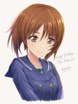  1girl artist_name blue_sailor_collar brown_eyes brown_hair character_name dated girls_und_panzer happy_birthday looking_at_viewer nishizumi_miho ooarai_school_uniform sailor_collar shamakho short_hair smile solo upper_body white_background 