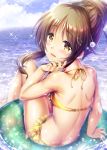  1girl :d arm_support barefoot bikini braided_bun brown_eyes brown_hair butt_crack clouds day eyebrows_visible_through_hair frilled_bikini frills from_behind hair_between_eyes halterneck hand_in_hair highres idolmaster idolmaster_cinderella_girls innertube long_hair looking_at_viewer looking_back ment ocean open_mouth outdoors shiny shiny_hair sidelocks sitting smile soles solo sparkle swimsuit takamori_aiko tied_hair transparent yellow_bikini 