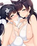  2girls alternate_costume animal_ears asymmetrical_docking atago_(azur_lane) azur_lane bangs black_hair blush bow breast_press breasts brown_eyes cleavage closed_mouth extra_ears eyebrows_visible_through_hair hair_bow hair_flaps hair_ribbon large_breasts long_hair looking_at_viewer mole mole_under_eye multiple_girls natsu_(nattiyann) open_mouth ponytail ribbon simple_background smile swept_bangs swimsuit takao_(azur_lane) tareme tsurime upper_body very_long_hair white_background white_bow white_ribbon 