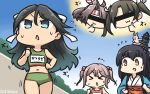  &gt;_&lt; 5girls :3 alternate_costume bare_arms bare_shoulders black_hair blue_eyes blue_hair clenched_hands closed_eyes commentary_request contemporary crop_top detached_sleeves eyebrows_visible_through_hair floral_print flying_sweatdrops fusou_(kantai_collection) gradient_hair hair_between_eyes hair_bobbles hair_flaps hair_ornament hamu_koutarou headband headgear height_difference highres japanese_clothes kantai_collection katsuragi_(kantai_collection) long_hair looking_at_another looking_away midriff motion_lines multicolored_hair multiple_girls navel nontraditional_miko open_mouth outdoors pink_hair rabbit red_eyes remodel_(kantai_collection) sazanami_(kantai_collection) short_hair spoken_character sportswear stomach sweatdrop thumbs_up twintails zuihou_(kantai_collection) zuikaku_(kantai_collection) 