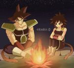  1boy 1girl armor bardock bare_arms bare_shoulders black_eyes black_hair boots campfire dirty dirty_face dragon_ball eyebrows_visible_through_hair fire frown full_body gine legs_crossed looking_away night night_sky outdoors rock scar serious short_hair sitting sky smile star_(sky) starry_sky tail twitter_username wood wristband 