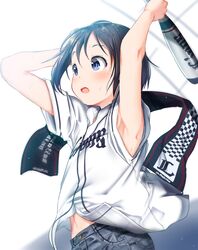  1girl armpits arms_up baseball_bat baseball_jersey belly_peek black_hair blue_eyes blush clothes_writing commentary_request from_side highres holding_baseball_bat kurosaki_honoka mad_(hazukiken) navel open_mouth pants sash shirt short_hair short_sleeves solo sweat white_shirt yama_no_susume 