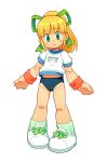 1girl blonde_hair bow child green_bow hair_bow high_ponytail long_hair looking_at_viewer om_(nk2007) open_mouth rockman rockman_(classic) roll solo standing white_background 