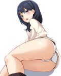  1girl ass bangs black_hair black_legwear blush cardigan chestnut_mouth commentary_request eyebrows_visible_through_hair highres kapatarou kneehighs long_hair looking_at_viewer open_mouth panties shadow simple_background solo ssss.gridman takarada_rikka thighs underwear violet_eyes white_background white_cardigan white_panties 