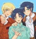  3boys bangs bernard_wiseman blonde_hair blue_hair character_name commentary_request crossbone_gundam english green_eyes gundam gundam_0080 gundam_f91 hato-as jacket looking_at_viewer male_focus multiple_boys one_eye_closed seabook_arno seiyuu_connection short_hair thank_you time_paradox tsujitani_kouji 