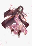  1girl black_hair cherry_blossoms floating_hair full_body hair_ribbon index_finger_raised japanese_clothes kamado_nezuko kimetsu_no_yaiba kimono long_hair long_sleeves multicolored_hair orange_hair origami outstretched_arms paper_crane pink_eyes pink_kimono pink_ribbon print_kimono ribbon s5705961 simple_background solo two-tone_hair very_long_hair white_background wide_sleeves 