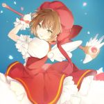 1girl artist_request bangs blue_background bow brown_hair card_captor_sakura commentary dress frilled_gloves frilled_sleeves frills gloves green_eyes hair_intakes holding kinomoto_sakura looking_at_viewer magical_girl puffy_short_sleeves puffy_sleeves red_bow red_dress short_hair short_sleeves single_horizontal_stripe solo symbol_commentary white_gloves white_wings wings