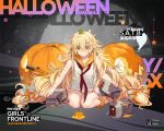  1girl baggy_clothes bangs barefoot blonde_hair blush breasts cardigan character_name collarbone copyright_name cup damaged dinergate_(girls_frontline) dress eyebrows_visible_through_hair food food_themed_hair_ornament full_body girls_frontline green_eyes gun hair_between_eyes hair_ornament hair_scrunchie hairclip halloween logo long_hair loose_neckwear low-tied_long_hair low_twintails medium_breasts messy_hair moon_print nail_polish neckerchief nin official_art orange_nails orange_sailor_collar orange_scrunchie patting pumpkin pumpkin_hair_ornament red_neckwear s.a.t.8_(girls_frontline) s.a.t.8_(gun) sailor_collar sailor_dress scrunchie seiza shotgun sidelocks sitting smile spill star star_print twintails very_long_hair watermark weapon white_dress 