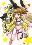  1girl :d bike_shorts blue_eyes bracelet breasts brown_hair collarbone erect_nipples floating_hair groin gundam gundam_build_fighters gundam_build_fighters_try hair_ornament hair_scrunchie hanzou hoshino_fumina jacket jewelry leaning_forward leg_up long_hair looking_to_the_side mecha midriff navel open_clothes open_jacket open_mouth pink_legwear pink_scrunchie ponytail running rx-78-2 scrunchie sideboob smile socks solo stomach tank_top yellow_jacket 