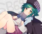  1boy androgynous blush cabbie_hat commentary_request copyright_name dutch_angle green_hair grey_background hand_to_own_mouth hands_up hat knees long_sleeves looking_at_viewer male_focus mayachi_(amuriya) mittens show_by_rock!! simple_background snowing solo tsugihagi_(show_by_rock!!) yellow_eyes 