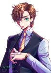  1boy bellomi918 brown_hair character_name code_geass earrings green_eyes grey_shirt jewelry kururugi_suzaku looking_at_viewer male_focus necktie shirt simple_background solo striped_neckwear upper_body watch watch white_background 