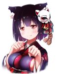  1girl animal_ears azur_lane black_hair bow breasts cat_ears cat_mask commentary_request fang grey_eyes hair_bow hair_ribbon highres japanese_clothes looking_at_viewer mask mask_on_head mochizuki_saku paw_pose ribbon short_hair sideboob simple_background smile solo white_background yamashiro_(azur_lane) 