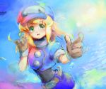  1girl :d belt blonde_hair blush breasts brown_gloves buttons cabbie_hat clouds commentary_request day dinef gloves green_eyes hat jacket long_hair looking_at_viewer open_mouth red_jacket rockman rockman_dash roll_caskett short_sleeves shorts sky smile solo upper_body 