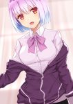  1girl :d black_skirt blurry bow bowtie collared_shirt commentary_request curtains depth_of_field gradient_hair highres jacket lavender_hair looking_at_viewer multicolored_hair open_mouth pleated_skirt purple_jacket red_eyes rko_(a470350510) school_uniform shinjou_akane shirt short_hair skirt smile solo ssss.gridman white_shirt 