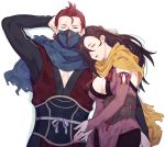  1boy 1girl breasts brown_hair cleavage couple fire_emblem fire_emblem_heroes fire_emblem_if hair_over_one_eye hand_behind_head hetero highres japanese_clothes jeje_(pixiv12541114) kagerou_(fire_emblem_if) large_breasts leaning_on_person long_hair lying mask ninja nintendo on_back one_eye_closed open_mouth ponytail red_eyes redhead saizou_(fire_emblem_if) sash scar scarf sleeping solo 