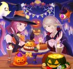  2girls :p ahriman au_ra blonde_hair breasts cat_tail cleavage cupcake detached_collar dragon_horns drinking_straw facial_mark final_fantasy final_fantasy_xiv food ghost halloween hat horns indoors jack-o&#039;-lantern long_hair medium_breasts miqo&#039;te moko_(user_vnsh2874) multiple_girls open_mouth redhead scales short_hair tail tongue tongue_out violet_eyes witch_hat yellow_eyes 