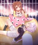  2girls animal_ear_fluff animal_ears baggy_shorts black_shirt blurry blurry_background blush bone_hair_ornament brown_hair cat_ears cat_girl cat_tail closed_eyes collar commentary_request couch dog_ears dog_girl dog_tail eyebrows_behind_hair hair_ornament hololive inugami_korone jacket knee_up long_hair lying medium_hair multiple_girls naomi_(fantasia) nekomata_okayu on_back onigiri_print pink_blanket pink_hair red_eyes sailor_collar sailor_shirt shirt shorts sidelocks sleeping tail virtual_youtuber white_shorts yellow_jacket 