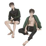  1boy abs absurdres bajiaoxh barefoot black_pants black_shorts brown_eyes brown_hair dated haiji_kiyose highres jacket kaze_ga_tsuyoku_fuiteiru multiple_views pants scar shorts sitting track_jacket 