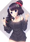  1girl animal black_sweater breasts brown_background chestnut_mouth cleavage commentary_request cowboy_shot fate/grand_order fate_(series) fingernails hair_bun hair_ornament hair_scrunchie hands_up head_tilt highres index_finger_raised katsushika_hokusai_(fate/grand_order) ko_yu long_sleeves medium_breasts octopus parted_lips patting purple_hair red_scrunchie ribbed_sweater scrunchie short_hair sweater tokitarou_(fate/grand_order) two-tone_background violet_eyes white_background 