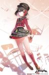  1girl apple_caramel bang_dream! black_hair black_ribbon chains chair highres kneehighs lost_one_no_goukoku_(vocaloid) mitake_ran multicolored_hair plaid plaid_skirt red_eyes ribbon school_uniform serafuku skirt solo 