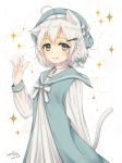  1girl ahoge animal_ears braid cat_ears cat_tail collarbone commentary_request cross_choker dated dress grey_eyes hair_ornament hairclip haruki_(colorful_macaron) hat looking_at_viewer original sailor_dress short_hair signature simple_background single_braid smile solo sparkle tail waving white_background white_hair 