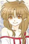  1girl 2016 :d arc_the_lad arc_the_lad_ii bare_shoulders breasts brown_eyes brown_hair cleavage collarbone commentary_request highres lieza long_hair looking_at_viewer off_shoulder open_mouth smile solo teeth upper_body yadoso 