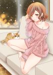  1girl 2018 animal aran_sweater arm_up artist_name bangs barefoot brown_eyes brown_hair cat closed_mouth collarbone commentary_request couch earrings eyebrows_behind_hair fingernails hand_in_hair head_tilt indoors jewelry long_sleeves looking_at_viewer night night_sky off-shoulder_sweater on_couch original pink_sweater sheepd sitting sky sleeves_past_wrists smile solo star_(sky) starry_sky sweater thighs toenails twitter_username window wooden_floor 