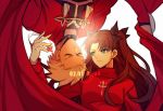  1boy 1girl archer black_bow bow brown_hair couple eyebrows_visible_through_hair fate/stay_night fate_(series) floating_hair green_eyes hair_bow long_hair red_sweater silver_hair sweater tohsaka_rin twintails upper_body very_long_hair white_background yaoshi_jun 