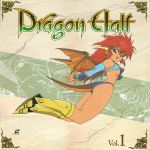  1girl 90s armored_boots boots bracer copyright_name cover dragon_half dragon_horns dragon_tail dragon_wings full_body highres horns knee_boots laserdisc_cover mink_(dragon_half) official_art open_mouth red_eyes redhead solo tail wings 