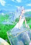  1girl :d bare_arms bare_shoulders blue_bow blue_eyes blue_hair blue_sky blurry blurry_background blush bow clouds day depth_of_field dress from_side gem goo_girl highres immersed jewelry liquid_hair long_hair looking_away merc_storia monster_girl mountain open_mouth outdoors ring round_teeth shiraki_shiori sky sleeveless sleeveless_dress smile solo teeth transparent upper_teeth very_long_hair water white_dress 