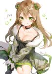  1girl :p bangs bare_shoulders black_choker black_dress black_footwear blush bow breasts brown_hair camouflage_jacket character_name choker cleavage closed_mouth collarbone commentary_request double_bun dress eyebrows_visible_through_hair fur-trimmed_jacket fur_trim girls_frontline green_bow green_eyes green_hair hair_between_eyes hair_bow highres jacket kneehighs long_hair long_sleeves medium_breasts mismatched_legwear multicolored_hair puffy_long_sleeves puffy_sleeves rfb_(girls_frontline) shiratama_akane shoes side_bun simple_background sitting sleeveless sleeveless_dress smile solo striped striped_legwear stuffed_animal stuffed_toy teddy_bear tongue tongue_out twitter_username two-tone_hair vertical-striped_legwear vertical_stripes very_long_hair white_background 