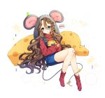  1girl :o animal_ears animal_hood bangs blush bow brown_hair cheese commentary eyebrows_visible_through_hair food hair_between_eyes hood hood_up long_hair long_sleeves looking_at_viewer mouse_ears mouse_girl mouse_hood mouse_tail no_shoes original overall_skirt parted_lips red_legwear red_shirt ribbed_legwear romaji romaji_commentary shirt sitting sleeves_past_wrists socks solo sparkle tail tail_bow tp_(kido_94) very_long_hair white_background yellow_bow 
