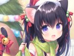  1girl :d animal_ears bangs bell black_hair blurry blurry_background bow cat_ears cat_girl cat_tail christmas_ornaments christmas_tree commentary_request depth_of_field detached_sleeves eyebrows_visible_through_hair fang fur-trimmed_hat fur-trimmed_sleeves fur_trim green_scarf hair_between_eyes hair_bobbles hair_bow hair_ornament hand_up hat jingle_bell long_hair long_sleeves looking_at_viewer open_mouth original red_bow red_hat red_sleeves santa_hat scarf smile solo tail tail_bell tail_bow tail_raised upper_body usashiro_mani violet_eyes 