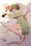  1girl :d bangs bare_legs barefoot bed blush bottle brown_hair closed_eyes eyebrows_behind_hair fingernails full_body green_shirt holding holding_bottle idolmaster idolmaster_cinderella_girls long_sleeves lying mattaku_mousuke mole mole_under_eye on_side open_mouth pillow shirt short_hair smile solo takagaki_kaede toenails 