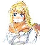  1girl :o bangs black_coat blonde_hair blue_eyes blush close-up clothes_lift coat expressionless eyebrows_visible_through_hair eyelashes floating_hair fullmetal_alchemist long_hair looking_away open_mouth orange_neckwear orange_scarf scarf simple_background solo tsukuda0310 upper_body white_background winry_rockbell 