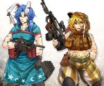  2girls abs adapted_costume animal_ears aqua_dress arm_at_side assault_rifle bare_arms bare_shoulders belt belt_pouch black_gloves blonde_hair blue_hair bodypaint brown_gloves camouflage clenched_hand closed_mouth commentary_request cowboy_shot dress ear_clip expressionless facepaint floppy_ears gloves gun hair_between_eyes hammer hand_print hand_up highres holding holding_gun holding_weapon hood hood_down hood_up hooded_dress hooded_vest knee_pads long_hair looking_afar looking_up low_ponytail medium_dress midriff mouth_hold multiple_girls navel pants pouch rabbit_ears red_eyes rifle ringo_(touhou) ryuuichi_(f_dragon) seiran_(touhou) short_hair short_sleeves shoulder-to-shoulder side_ponytail skewer smile standing stomach submachine_gun toned touhou vest weapon weapon_on_back weapon_request 