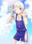  ;p cup day dorifesu! drink drinking_glass drinking_straw english flower glass hair_flower hair_ornament holding jewelry kikuchi_mataha looking_at_viewer male_focus necklace one_eye_closed overall_shorts overalls purple_hair sawamura_chizuru sky smile tongue tongue_out violet_eyes 