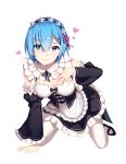  1girl absurdres bangs black_ribbon blue_eyes blue_hair blush breasts cleavage detached_sleeves eyebrows_visible_through_hair eyes_visible_through_hair frilled_sleeves frills full_body hair_between_eyes hair_ornament hair_over_one_eye hairclip highres kneeling long_sleeves looking_at_viewer maid maid_headdress medium_breasts re:zero_kara_hajimeru_isekai_seikatsu rem_(re:zero) ribbon ribbon-trimmed_clothes ribbon_trim shenyin_jiade_aquan short_hair simple_background skirt smile smirk solo thigh-highs white_background white_legwear x_hair_ornament 