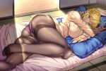  1girl ahoge alternate_costume architecture artoria_pendragon_(all) artoria_pendragon_(lancer) bangs black_legwear blush braid closed_mouth commentary_request east_asian_architecture eyebrows_visible_through_hair fate/grand_order fate_(series) french_braid full_body futon green_eyes hair_between_eyes highres indoors long_hair looking_at_viewer lying on_side open_door panties panties_under_pantyhose pantyhose pillow ribbed_sweater shirokuma_a sidelocks sliding_doors smile solo sunlight sweater swept_bangs tatami turtleneck turtleneck_sweater underwear wooden_floor 