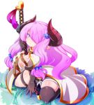  1girl between_breasts black_gloves black_legwear breasts cleavage cobblestone commentary_request draph elbow_gloves gloves granblue_fantasy grass hair_ornament hair_over_one_eye hairclip horns katana kneeling large_breasts long_hair mismatched_legwear narmaya_(granblue_fantasy) oborotsuki_kakeru open_clothes partial_commentary pointy_ears purple_hair sheath sheathed sidelocks single_thighhigh solo sword thigh-highs thigh_strap transparent_background very_long_hair violet_eyes weapon 
