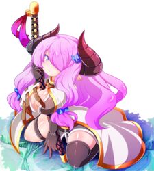  1girl between_breasts black_gloves black_legwear breasts cleavage cobblestone commentary_request draph elbow_gloves gloves granblue_fantasy grass hair_ornament hair_over_one_eye hairclip horns katana kneeling large_breasts long_hair mismatched_legwear narmaya_(granblue_fantasy) oborotsuki_kakeru open_clothes partial_commentary pointy_ears purple_hair sheath sheathed sidelocks single_thighhigh solo sword thigh-highs thigh_strap transparent_background very_long_hair violet_eyes weapon 