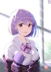  1girl artist_name bangs bow breasts chinchongcha collared_shirt highres indoors jacket lavender_hair looking_at_viewer medium_breasts off_shoulder open_mouth purple_jacket red_eyes school_uniform shinjou_akane shirt short_hair sleeves_past_wrists solo ssss.gridman upper_body white_shirt window 