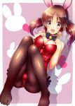 1girl :d animal_ears black_bow black_legwear blush bow bowtie breasts brown_hair choker cleavage erect_nipples floating_hair full_body highres idolmaster idolmaster_cinderella_girls leotard long_hair looking_at_viewer lying medium_breasts ment on_back open_mouth pantyhose rabbit_ears red_leotard shiny shiny_hair smile solo strapless strapless_leotard totoki_airi twintails yellow_eyes 