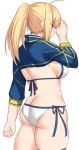  1girl ahoge artoria_pendragon_(all) ass bikini blonde_hair blue_eyes breasts clenched_hand cowboy_shot fate/grand_order fate_(series) from_behind hand_to_forehead long_hair looking_away medium_breasts mysterious_heroine_xx_(foreigner) ponytail serious shiseki_hirame shrug_(clothing) side-tie_bikini simple_background solo swimsuit thighs white_background white_bikini 