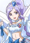 1girl :d aono_miki bangs blue_bow blue_eyes bow choker collarbone cure_berry detached_sleeves earrings fresh_precure! hair_ornament hairband hanzou heart heart_hair_ornament high_ponytail jewelry long_hair looking_at_viewer midriff open_mouth parted_bangs precure purple_hair ribbon_trim shiny shiny_hair side_ponytail smile solo stomach upper_body very_long_hair white_hairband 