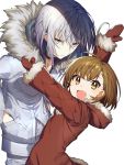  1boy 1girl accelerator ahoge albino brown_eyes brown_hair fur-trimmed_jacket fur_trim hand_in_pocket highres jacket last_order looking_at_viewer mittens open_mouth red_eyes red_jacket simple_background smile tdob_mk2 to_aru_majutsu_no_index upper_body white_background white_hair white_jacket 