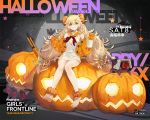  1girl baggy_clothes bangs barefoot blonde_hair blush breasts cardigan character_name copyright_name cup dinergate_(girls_frontline) dress food food_themed_hair_ornament full_body girls_frontline green_eyes gun hair_between_eyes hair_ornament hair_scrunchie hairclip halloween holding holding_cup logo long_hair looking_at_viewer low-tied_long_hair low_twintails medium_breasts messy_hair moon_print neckerchief nin off_shoulder official_art open_cardigan open_clothes orange_sailor_collar orange_scrunchie orange_sweater pumpkin pumpkin_hair_ornament pumpkin_soup red_neckwear s.a.t.8_(girls_frontline) s.a.t.8_(gun) sailor_collar sailor_dress scrunchie shotgun sidelocks sitting smile star star_print sweater twintails very_long_hair watermark weapon white_dress 